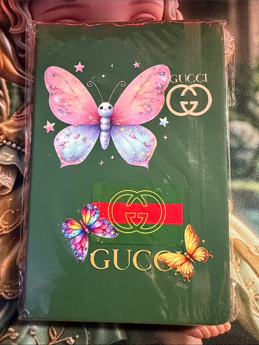 Green Notebook Cover with Pink, Purple and Yellow Butterflies